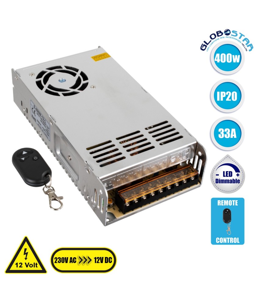 GloboStar® 73093 Ασύρματο Τροφοδοτικό LED 400W DC 12V 33.3A με Χειριστήριο RF IP20 Dimmable Μ21.5 x Π11.5 x Υ5cm